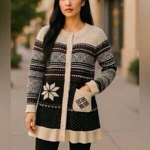 Sundance Nordic Fair Isle Snowflake Long Cardigan Medium Lambswool Button Up